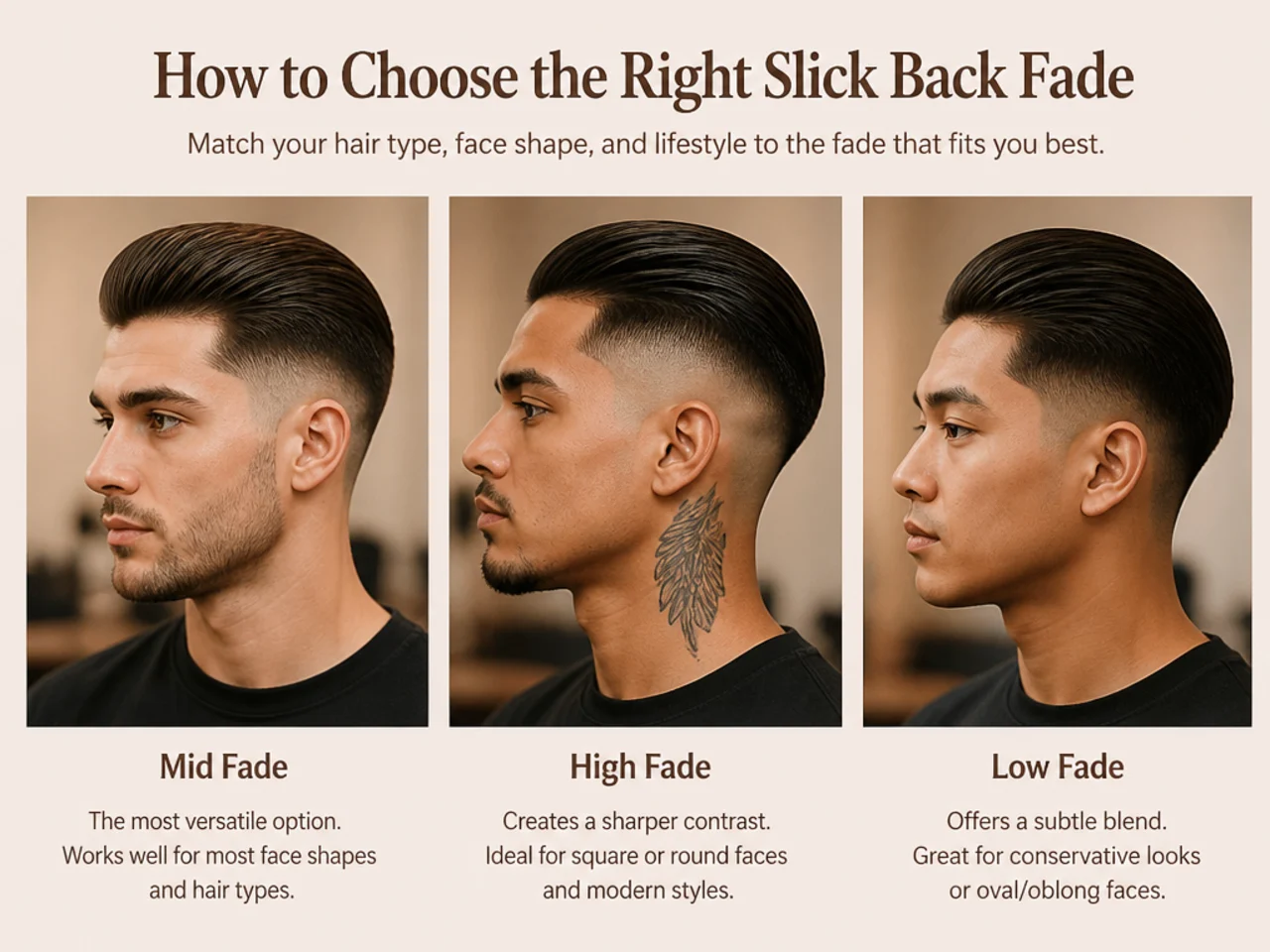 Three men showing different slick back fade combinations for round, square, and oval faces
