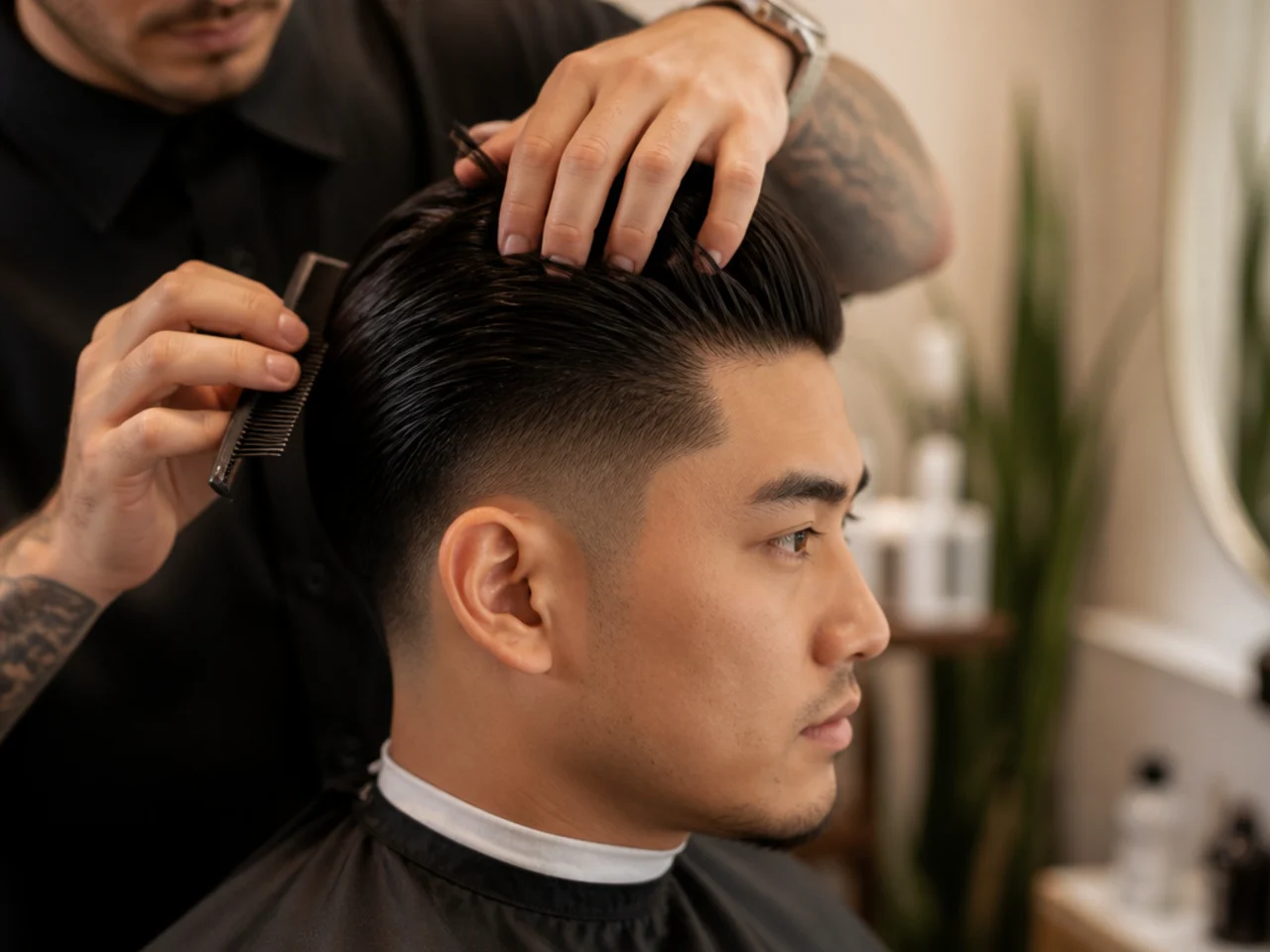 Product lineup for styling a slick back fade including pomade, matte clay, and fine-tooth comb