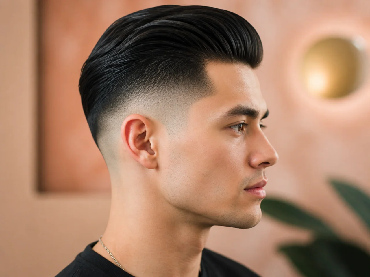 Close-up of a modern slick back fade haircut with mid fade at the temple and combed-back top