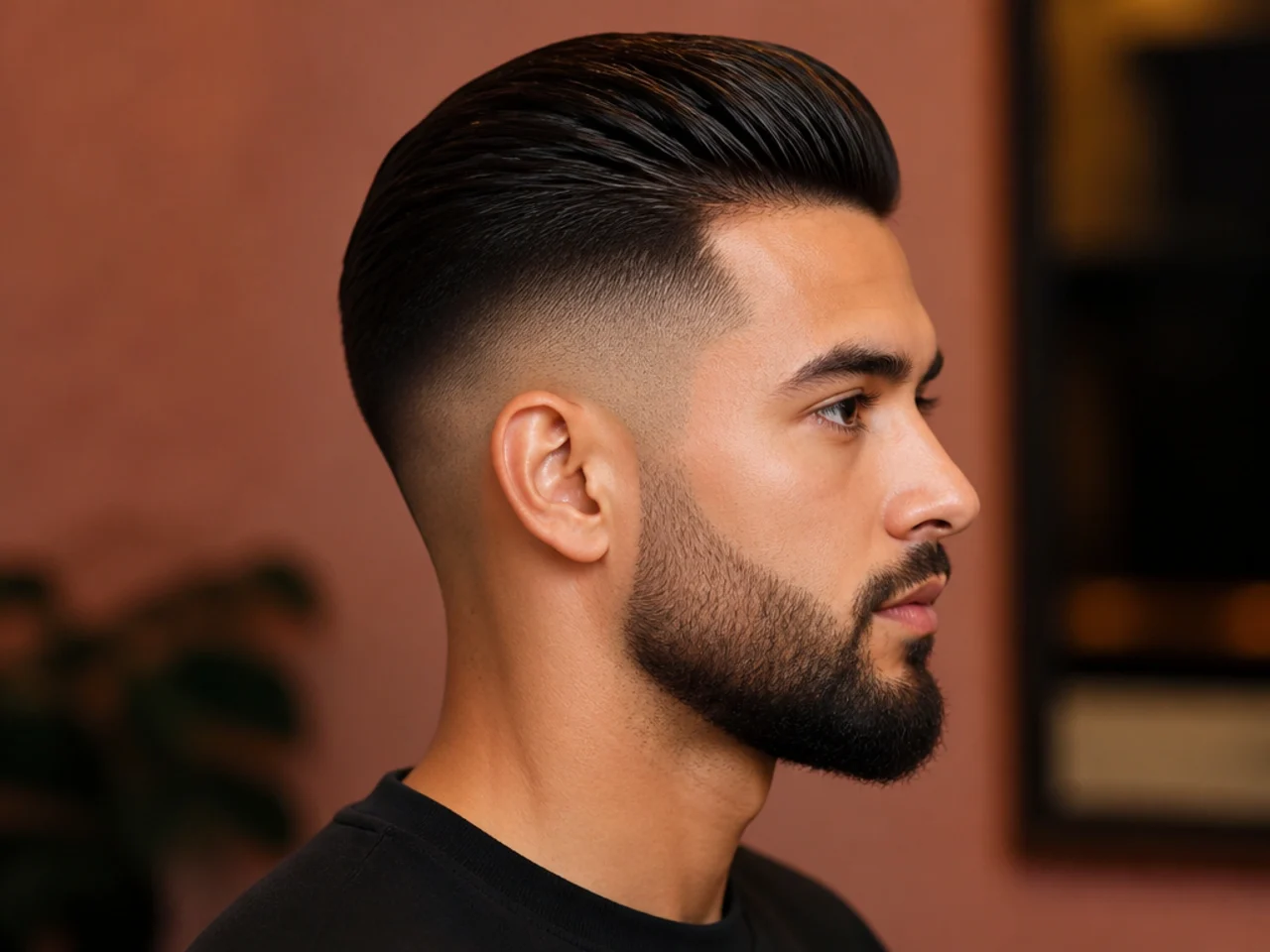 Short Slick Back with Mid Skin Fade and Beard