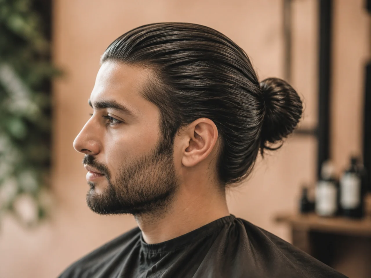 Long slick back man bun with sleek front and gathered crown knot on man with long dark hair