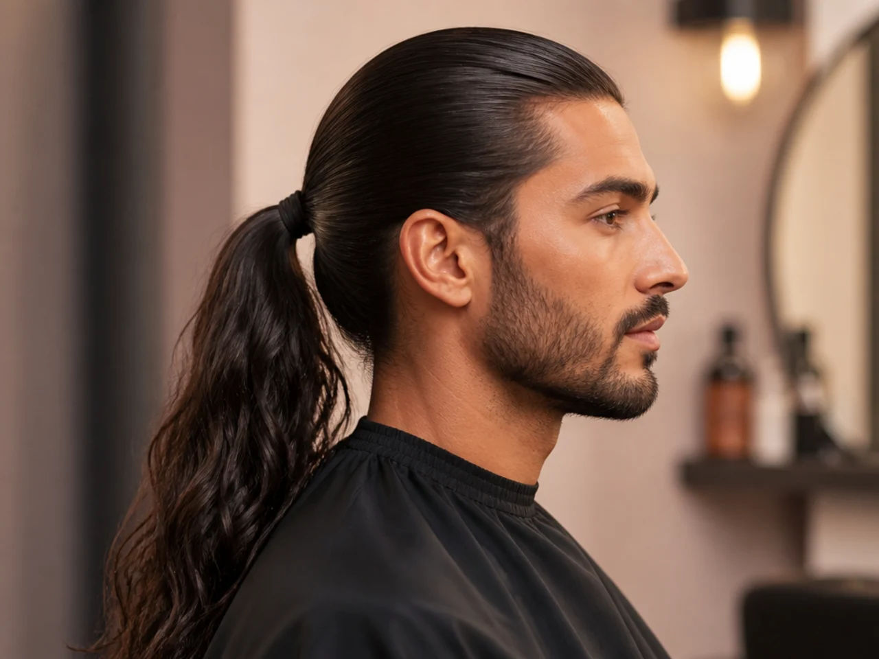 Long slick back ponytail gathered low at the nape on man with straight dark hair and a low fade