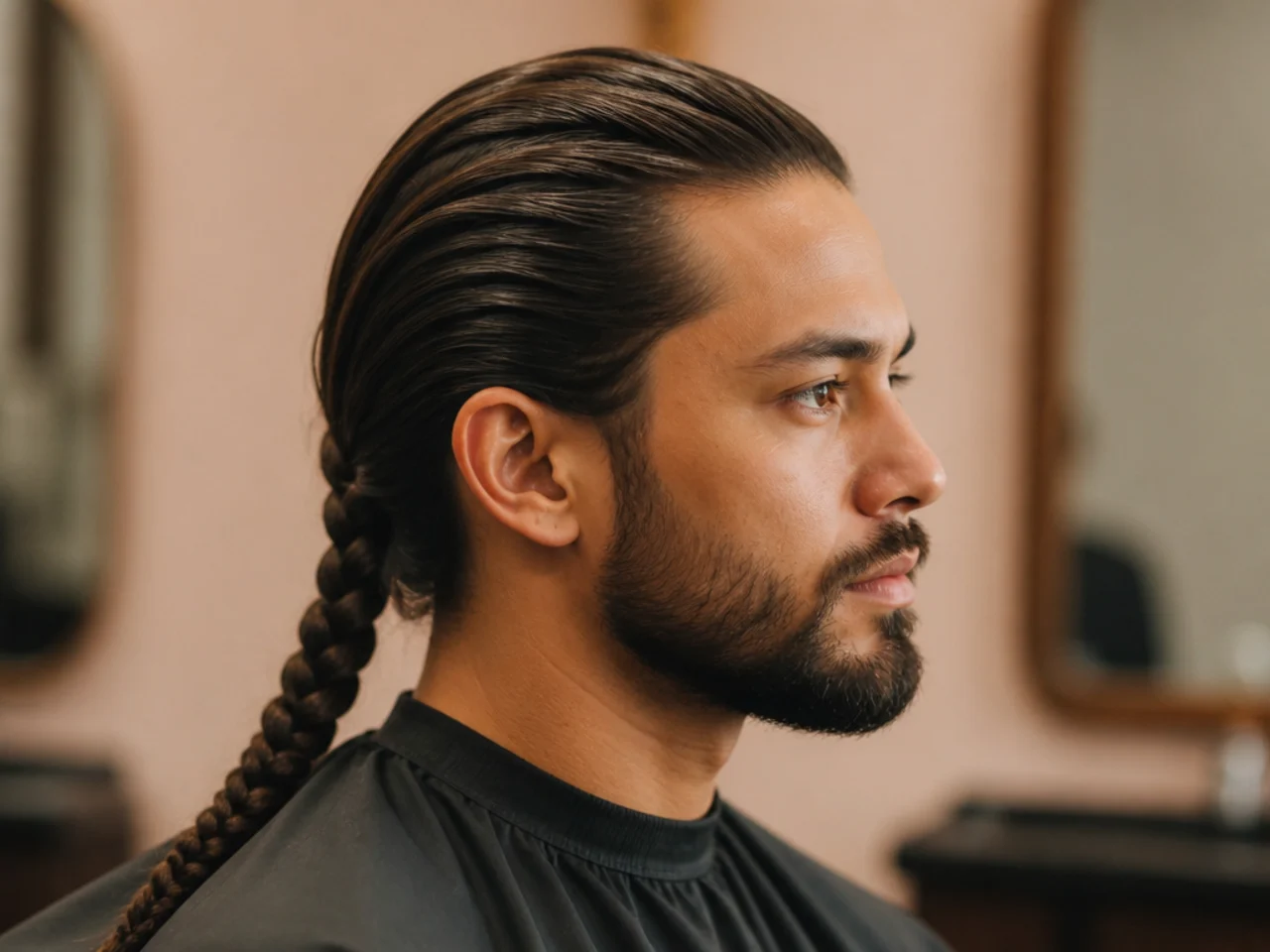 Long slick back with a single French braid running from crown to nape on man with dark wavy hair