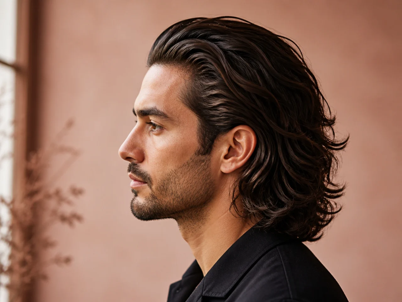 Wavy long slick back with natural type-2B S-wave pattern preserved on shoulder-length brown hair