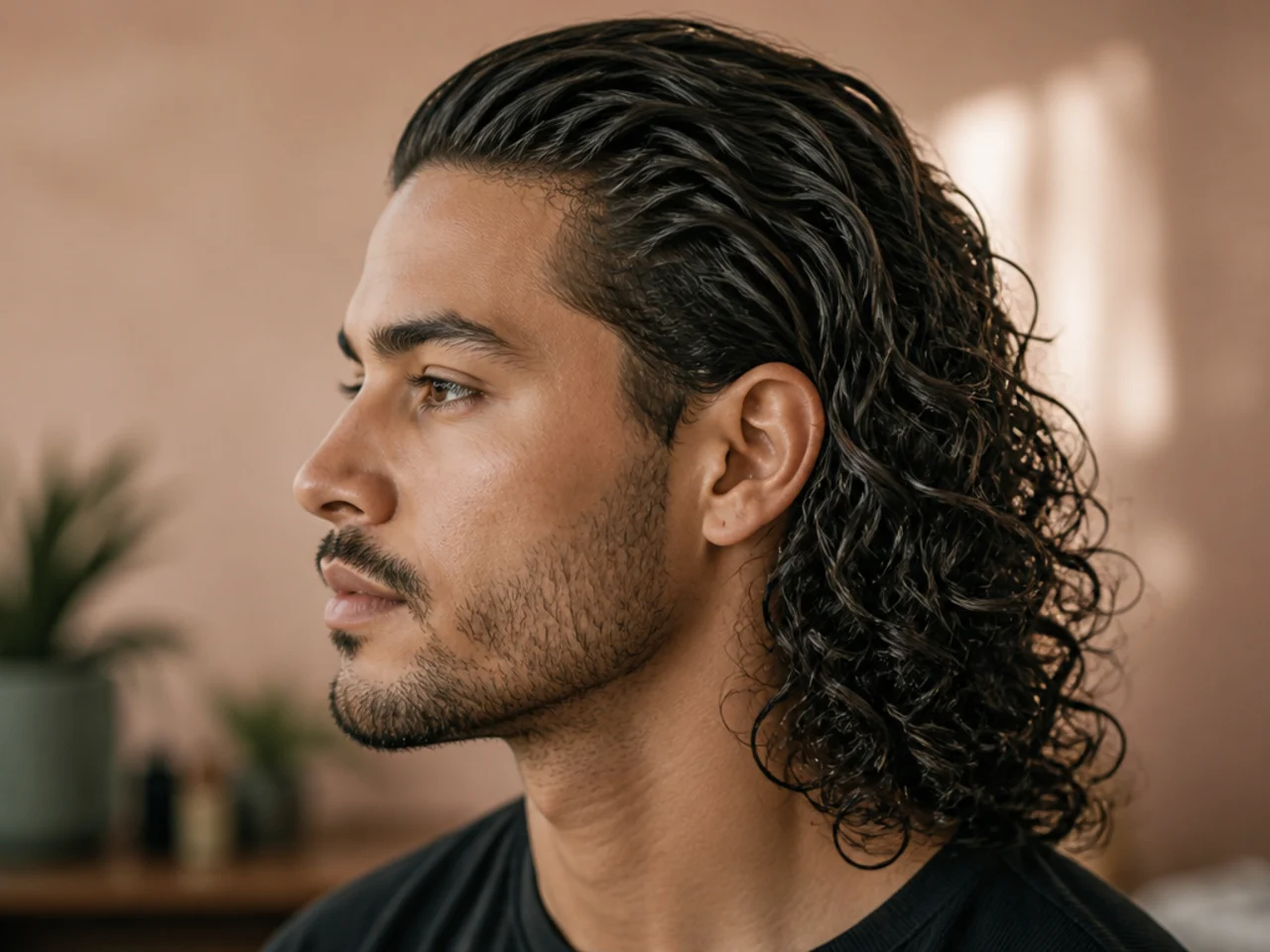 Curly long slick back with defined type-3B curl pattern brushed back over tapered sides