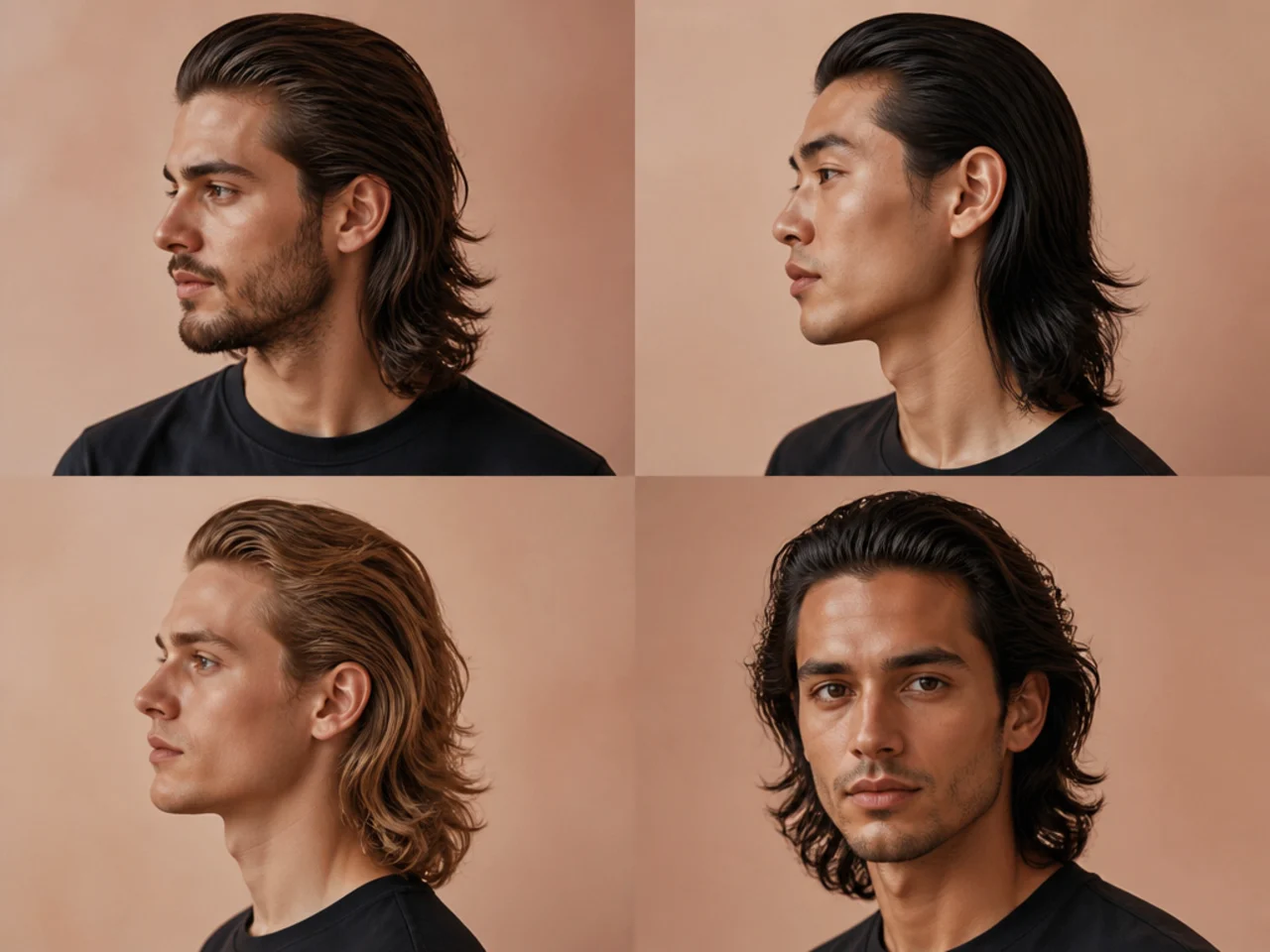 Long slick back with hair flowing behind the ears and layered ends on wavy shoulder-length brown hair