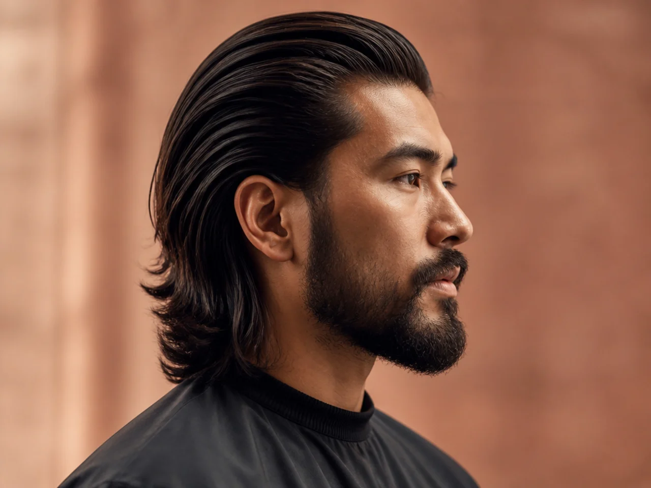 Long slick back with a well-groomed full beard on a square-jawed man in a tailored jacket