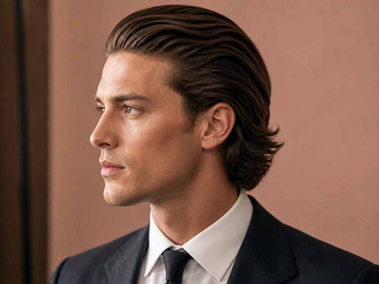 Old money long slick back with soft side sweep and low-shine finish on a tailored man in a navy suit