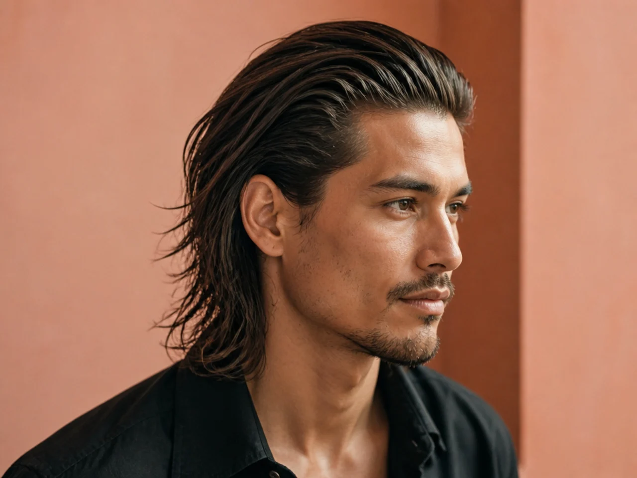 Messy long slick back with textured strands and controlled disorder on wavy brown hair