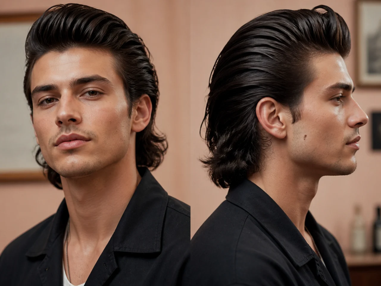 Vintage rockabilly long slick back with extreme front height and disconnected sides on man in leather jacket