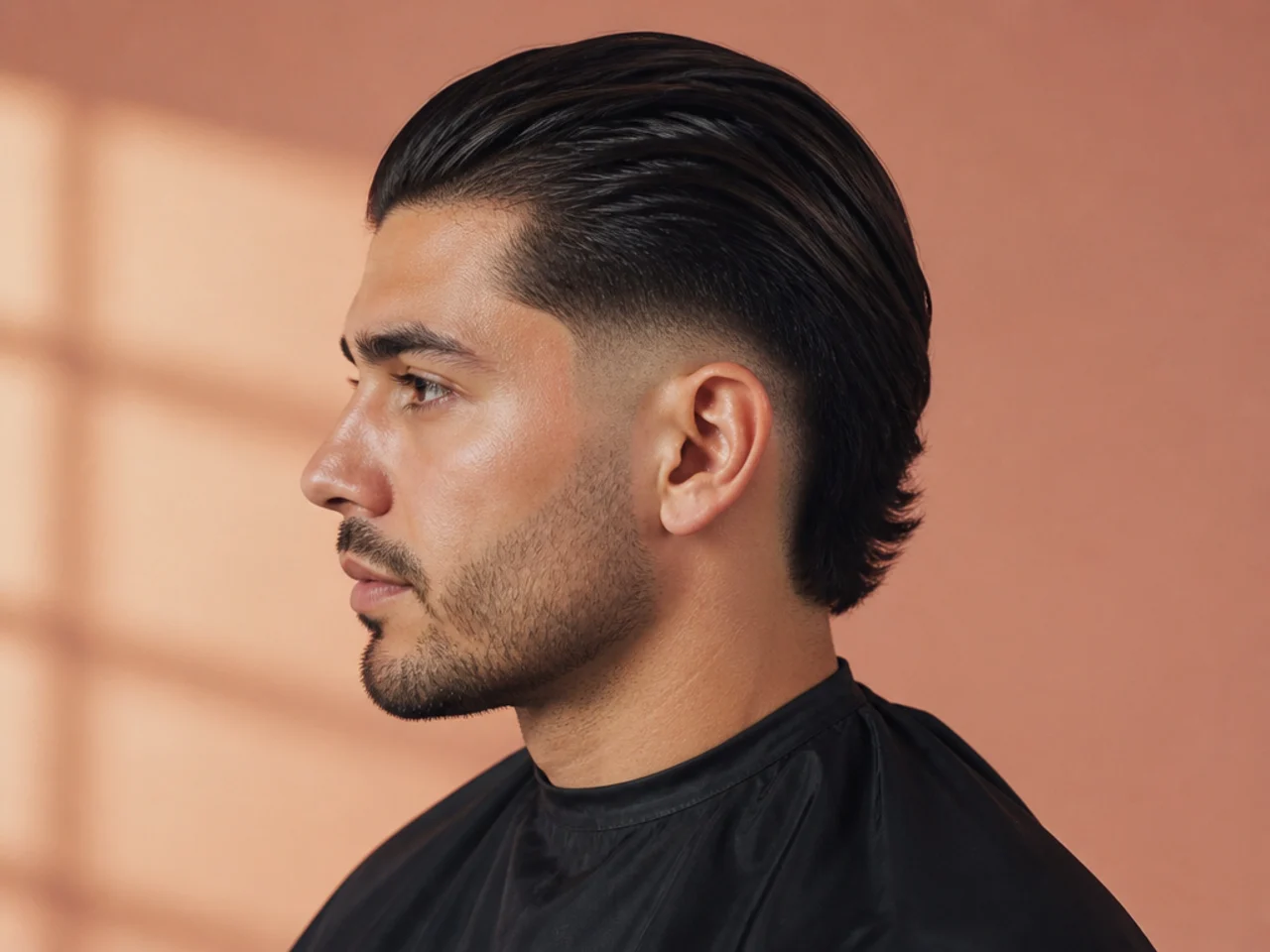 Long slick back haircut with a subtle low fade at the ear on wavy dark-brown hair