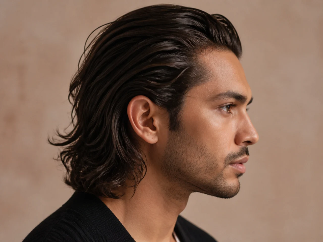 Layered long slick back with internal layers and natural fall on shoulder-length brown wavy hair