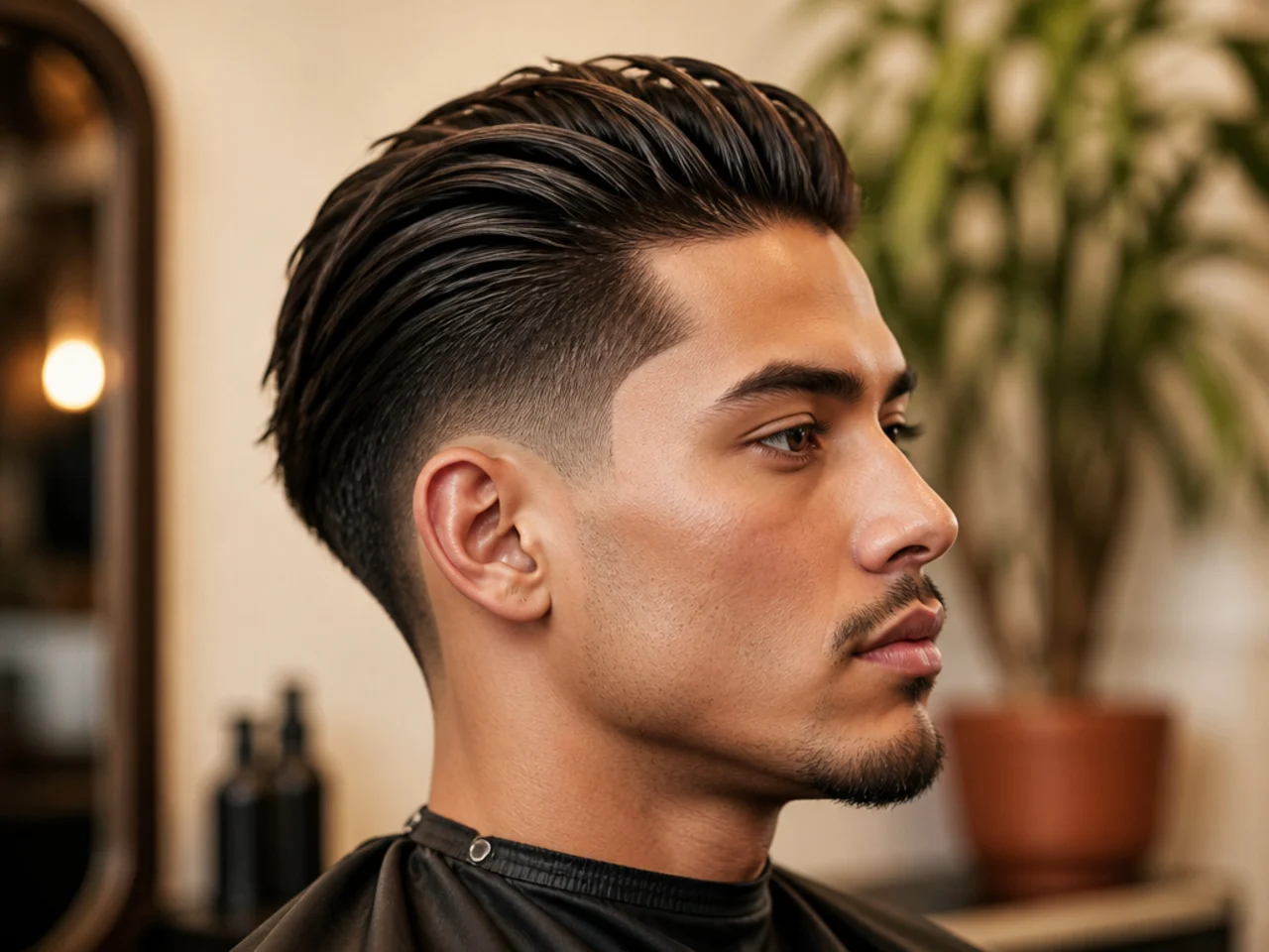Long slick back with a mid fade at the temple line and combed-back top on straight black hair