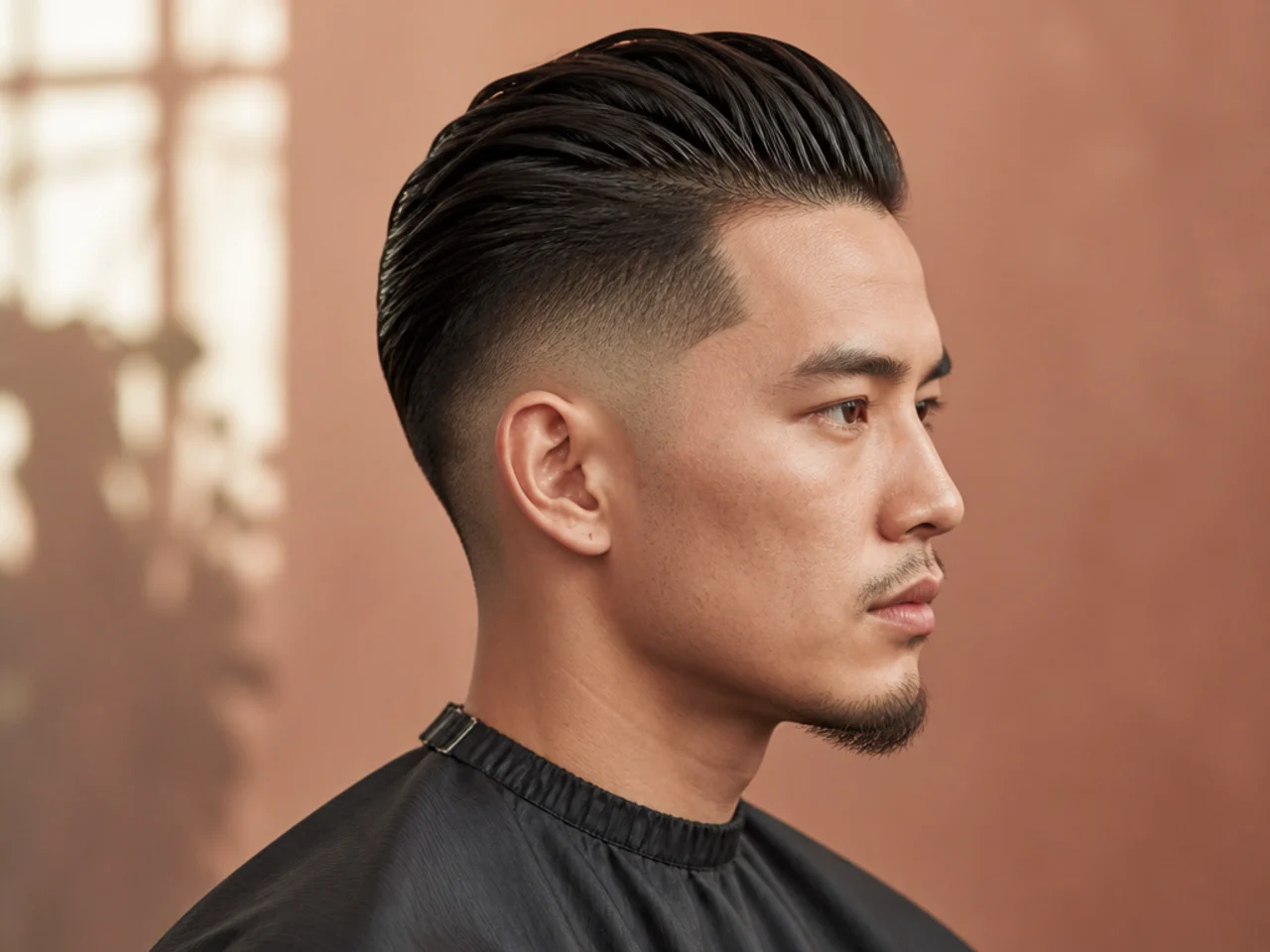Long slick back with a high fade near the parietal ridge on thick dark hair
