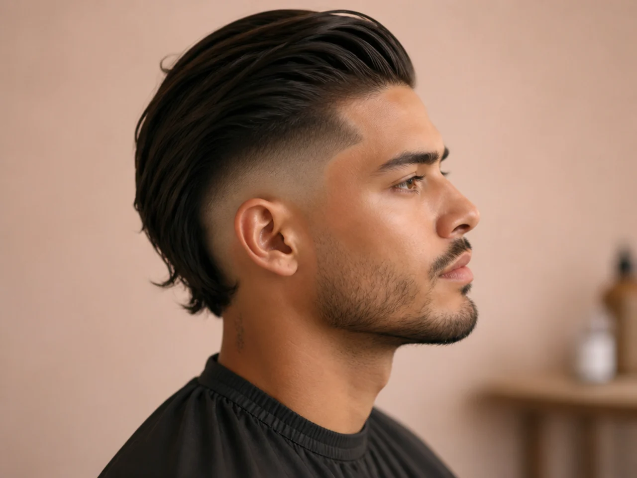Long slick back with a mid skin fade dropping to bare scalp on olive-skinned man with wavy hair