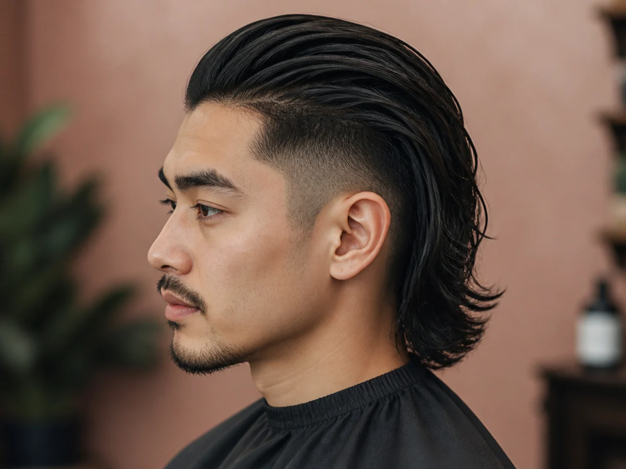 Disconnected long slick back undercut with buzzed sides and seven-inch top on square-jawed man