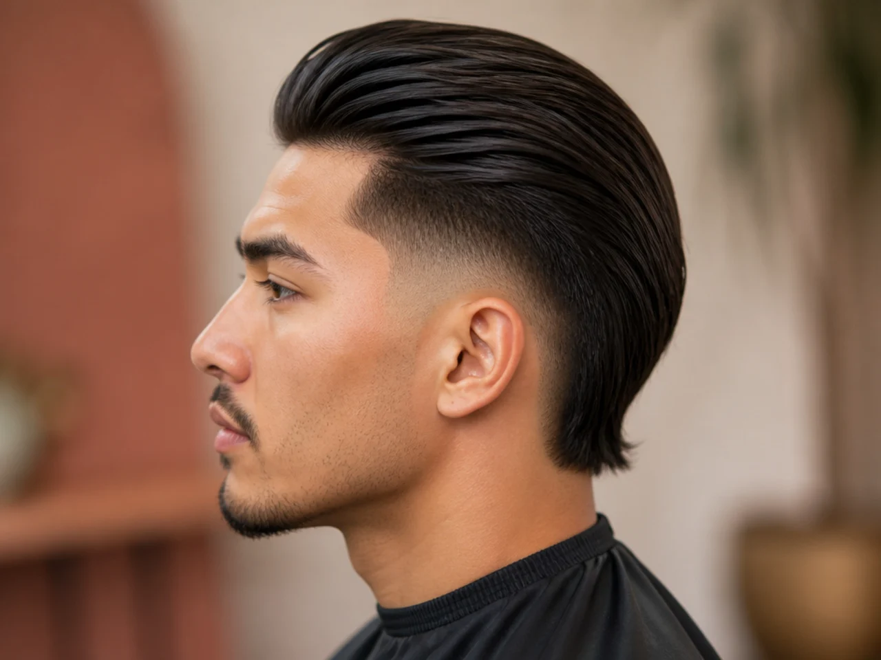 Long slick back with a drop fade curving down behind the ear on mixed-race oval-face man