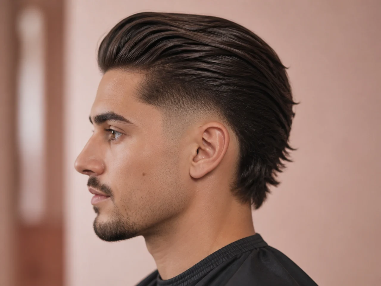 Long slick back with a burst fade arcing around the ear on a young man with textured combed-back hair