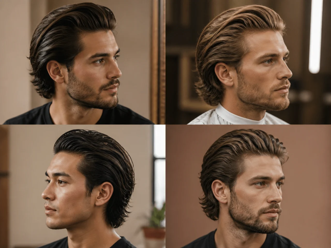 Long slick back pompadour with dramatic front height rolling into a combed-back mass on thick hair