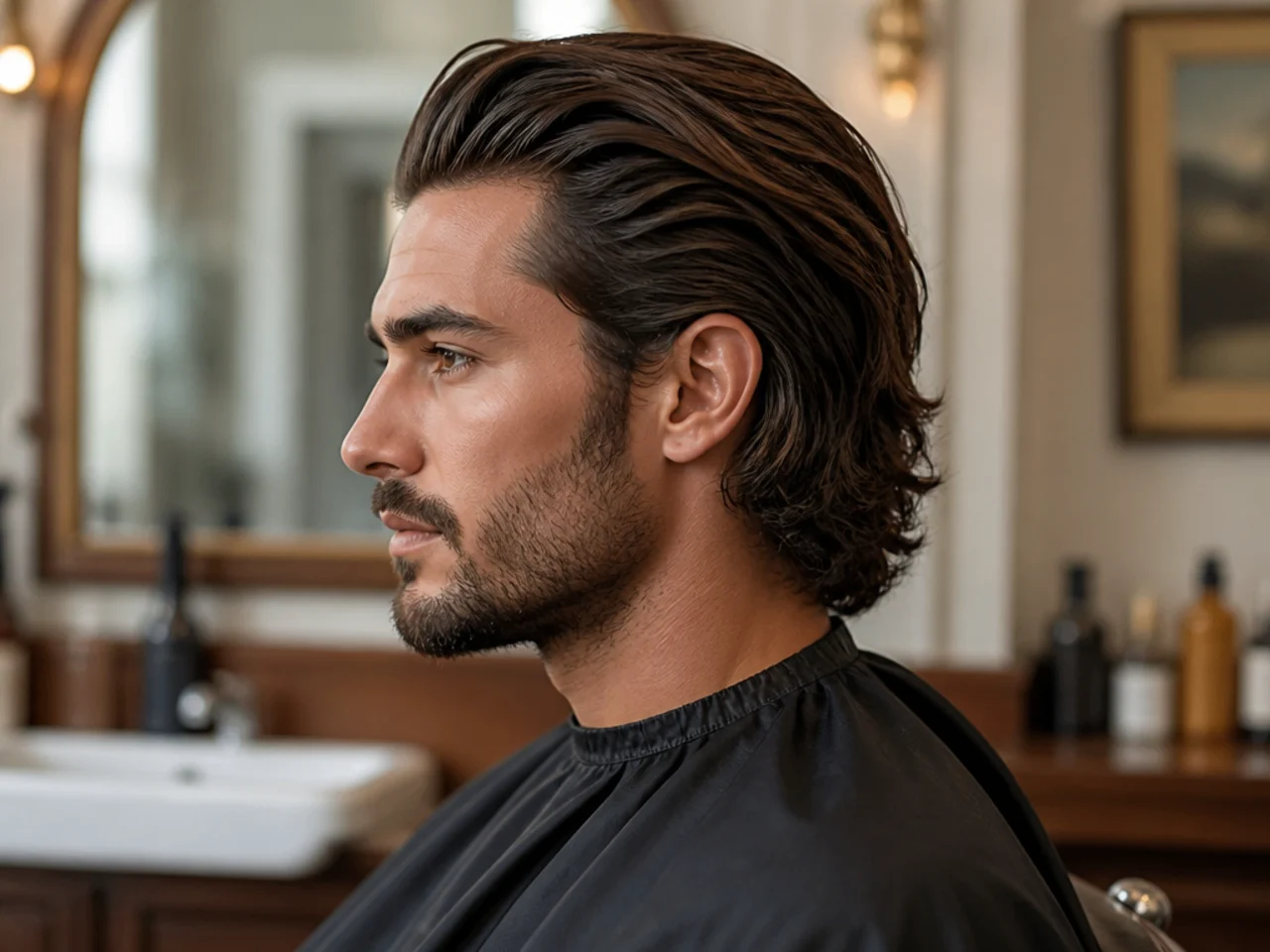 Barber consultation for a long slick back haircut with reference photos on the barbershop mirror