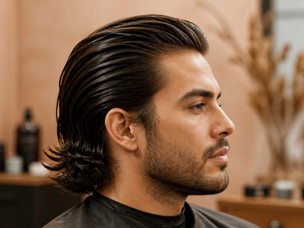 Product lineup with pomade tin matte clay wide-tooth comb boar-bristle brush and sea-salt spray for a long slick back routine
