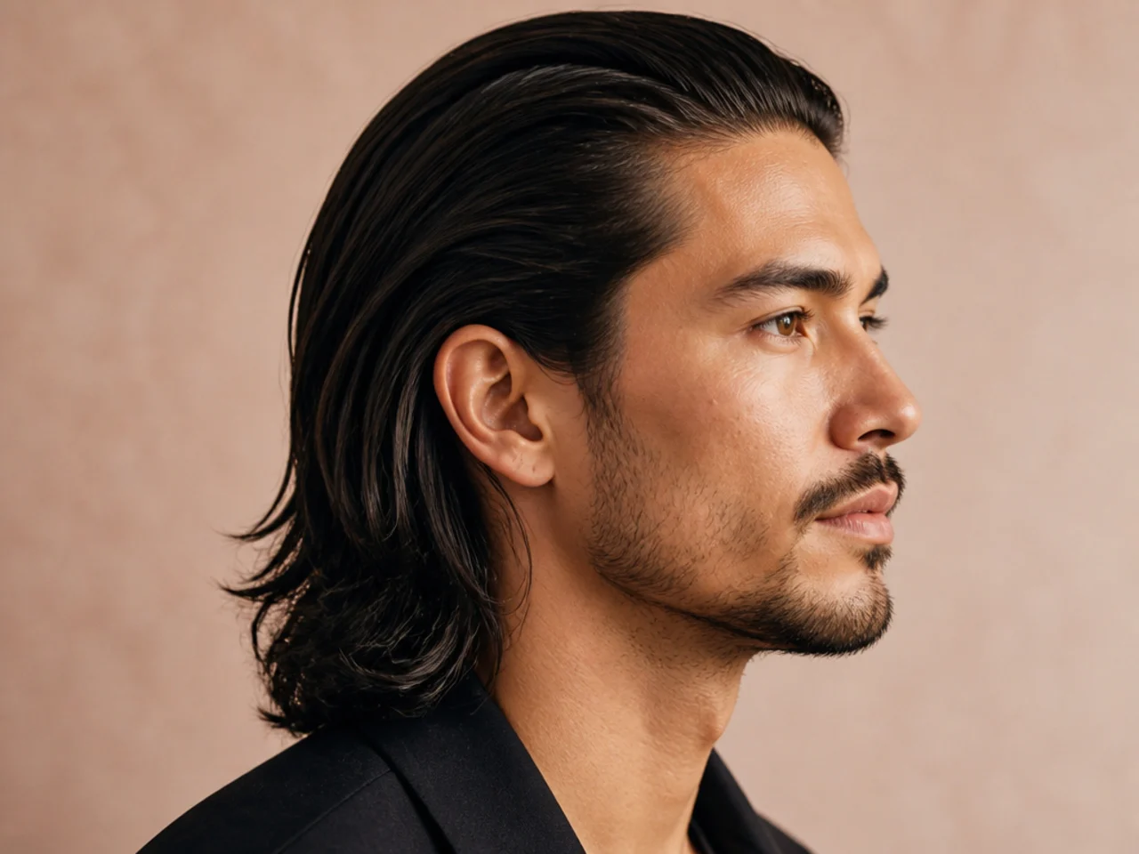 Reference long slick back haircut for men with seven inches on top and a low taper
