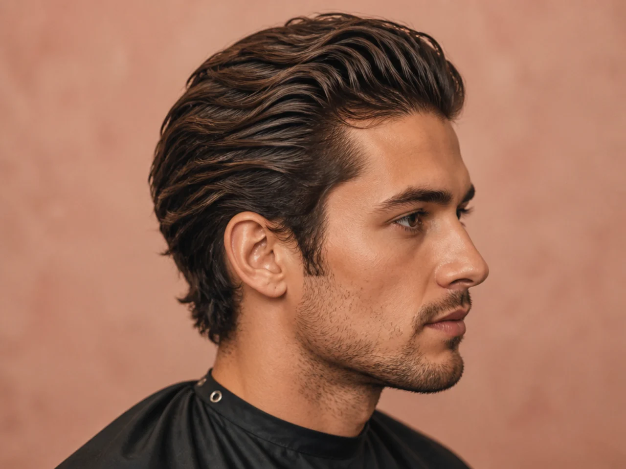 Textured slick back mens haircut with visible movement and matte finish