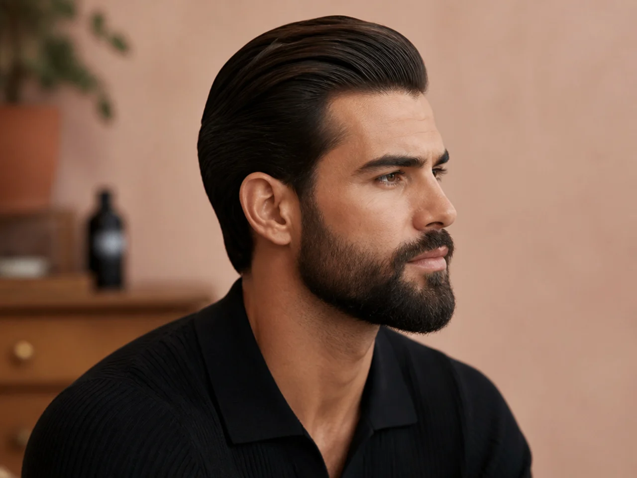 Slick back with full groomed beard — polished top and defined lower jaw