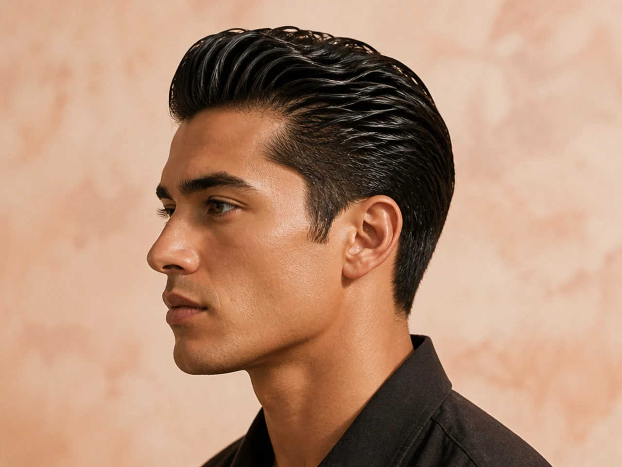 Wet-look slick back with maximum shine, styled for black-tie