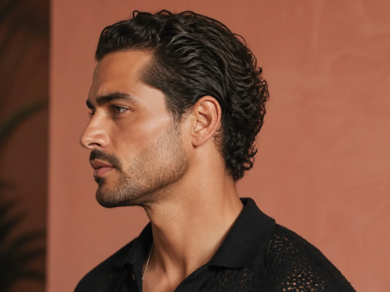 Curly slick back mens haircut with defined pattern brushed backward