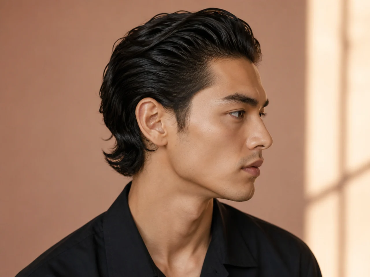 Wavy slick back mens haircut with natural S-wave pattern preserved