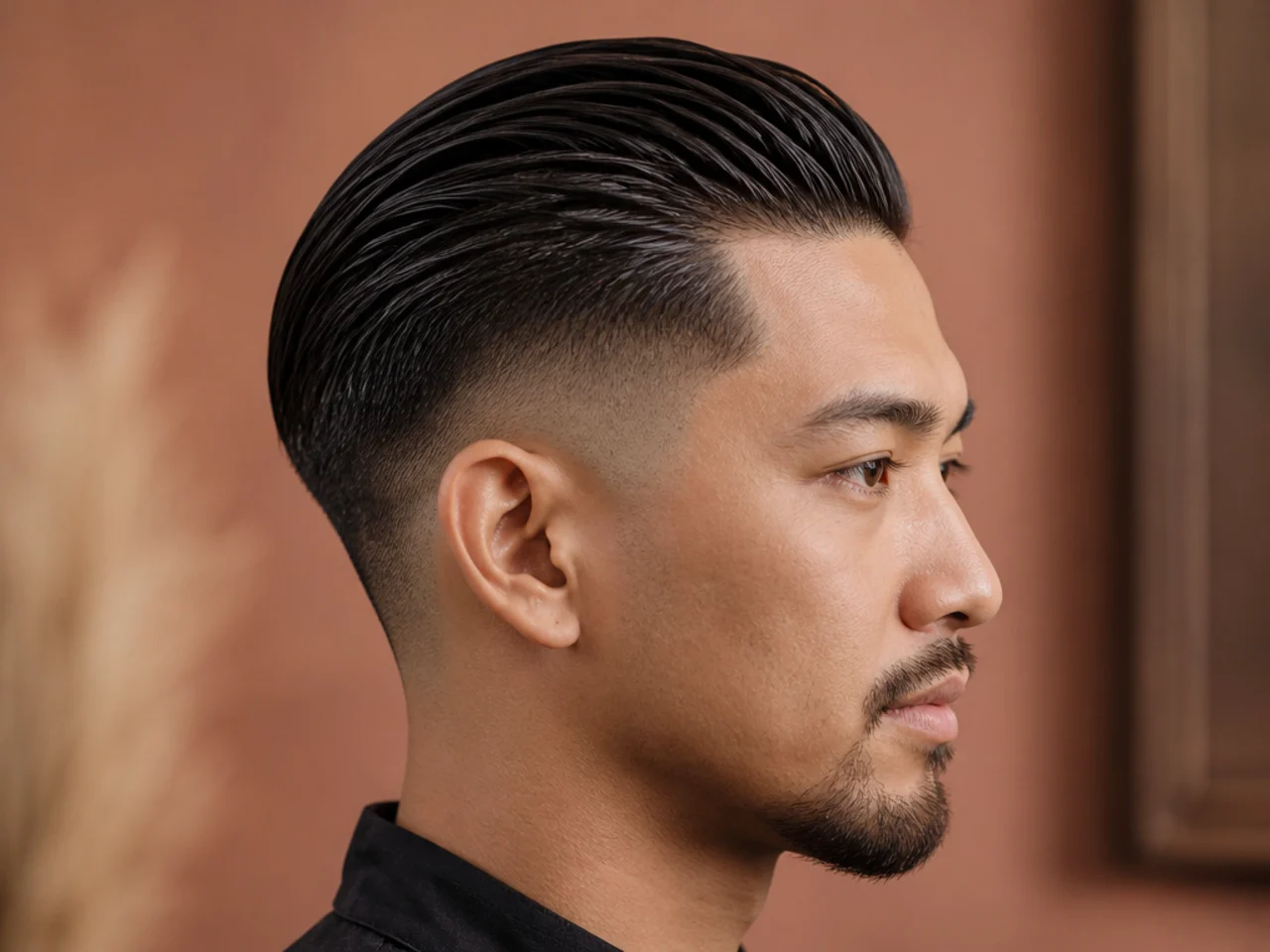 Slick back with drop fade curving down behind the ear