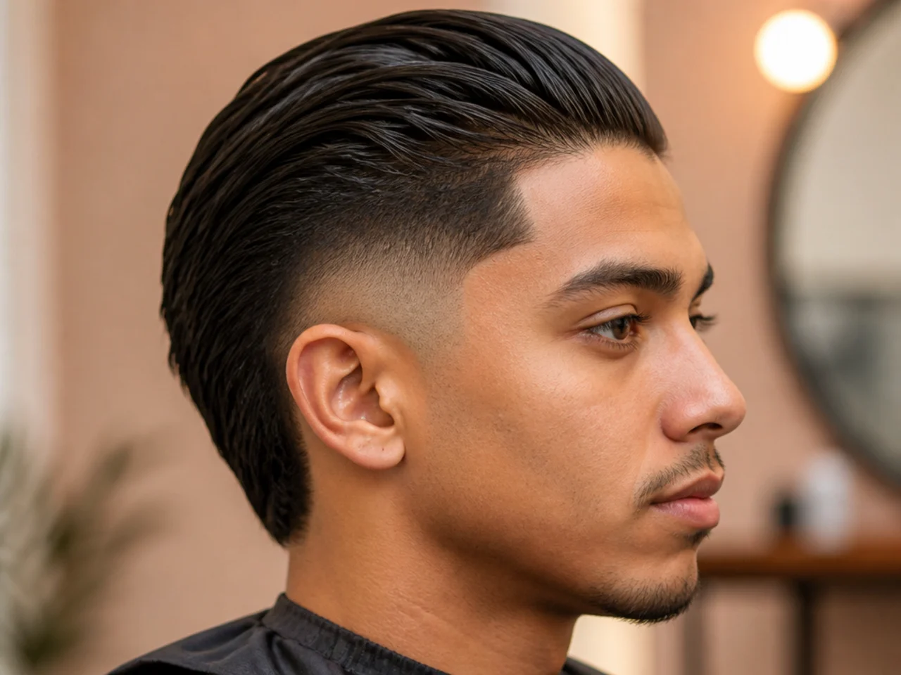 Slick back with burst fade around the ear on a modern textured cut