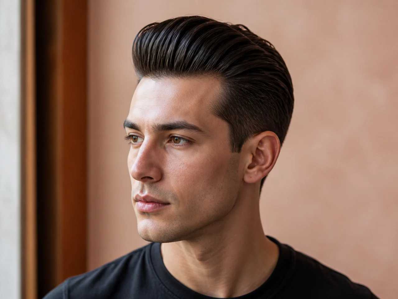 Slick back pompadour with high front volume and combed-back sides