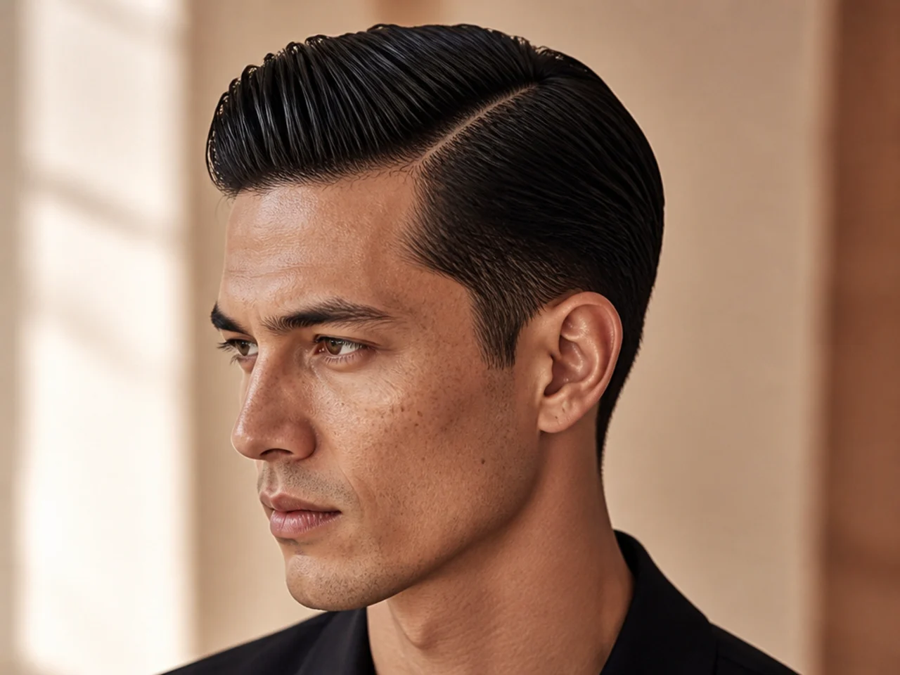 Side part slick back with defined natural part and slicked mass