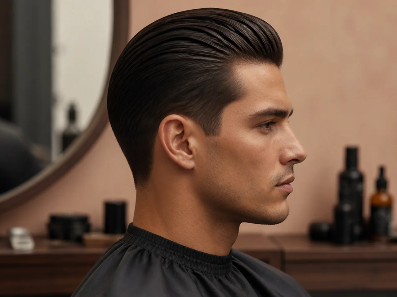 Modern matte slick back mens haircut with textured finish on wavy hair