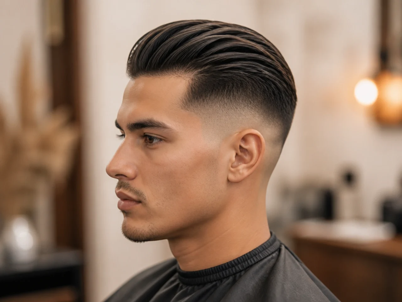 Slick back with skin fade — bare skin at the temple with sharp top contrast