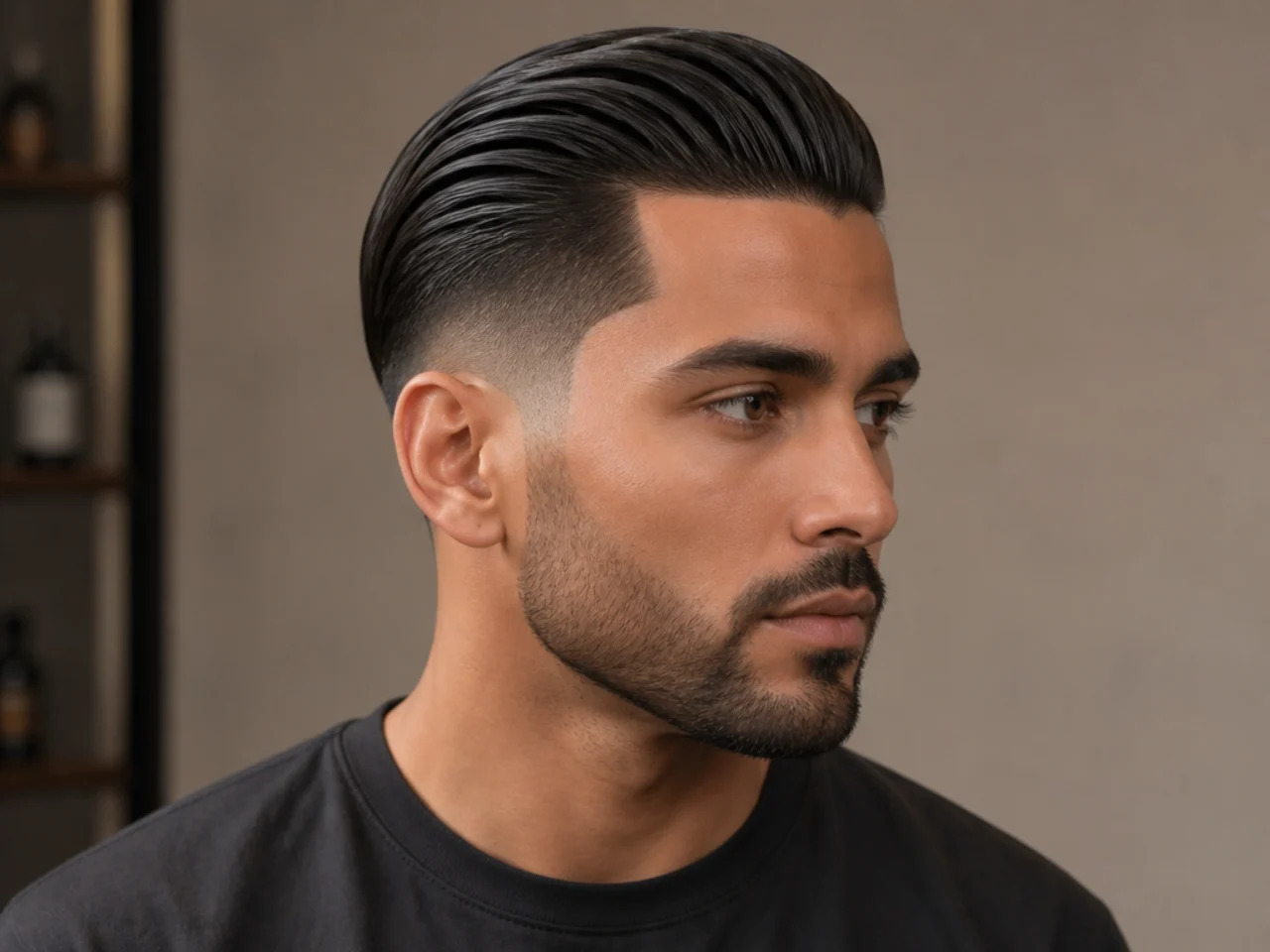Slick back with razor line-up across the hairline and temples