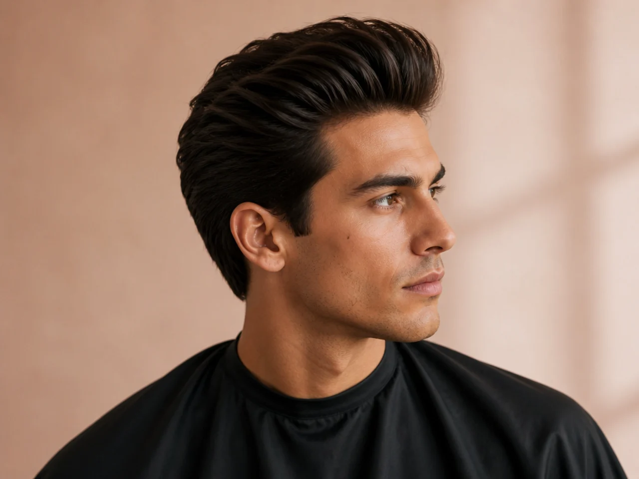 Voluminous slick back with lifted crown and pushed-back front on thick hair