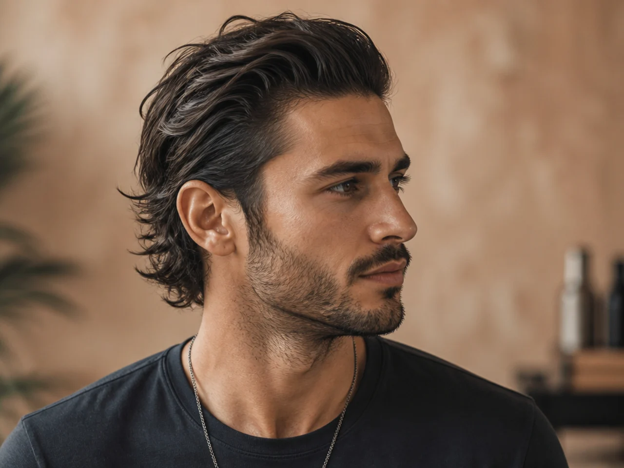Messy slick back with textured strands and controlled disorder