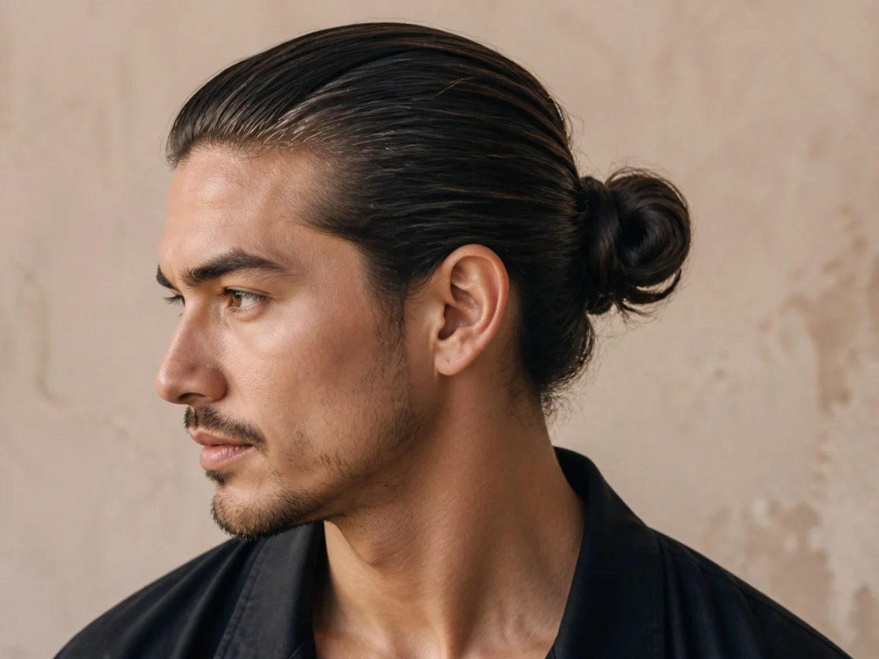 Slick back man bun with sleek front and gathered crown knot