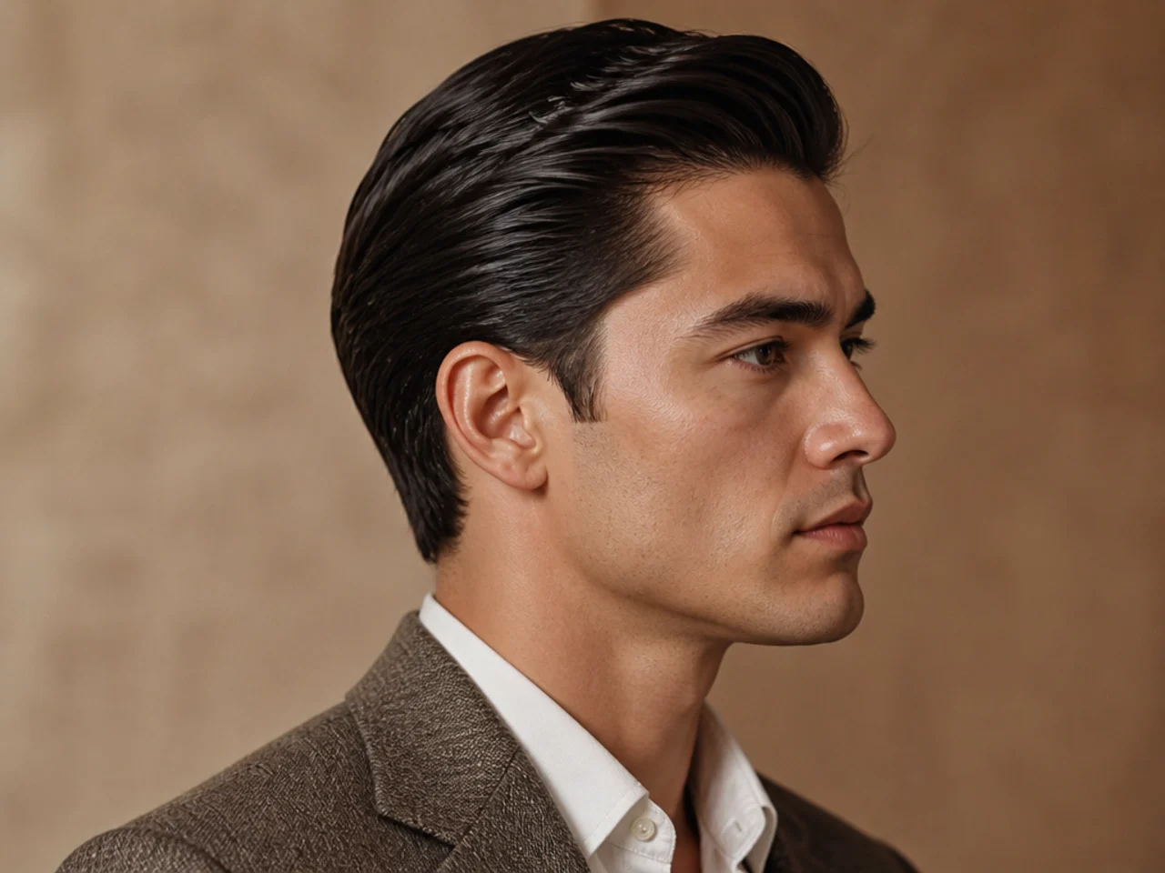 Old money slick back with soft side sweep and low-shine finish on tailored subject