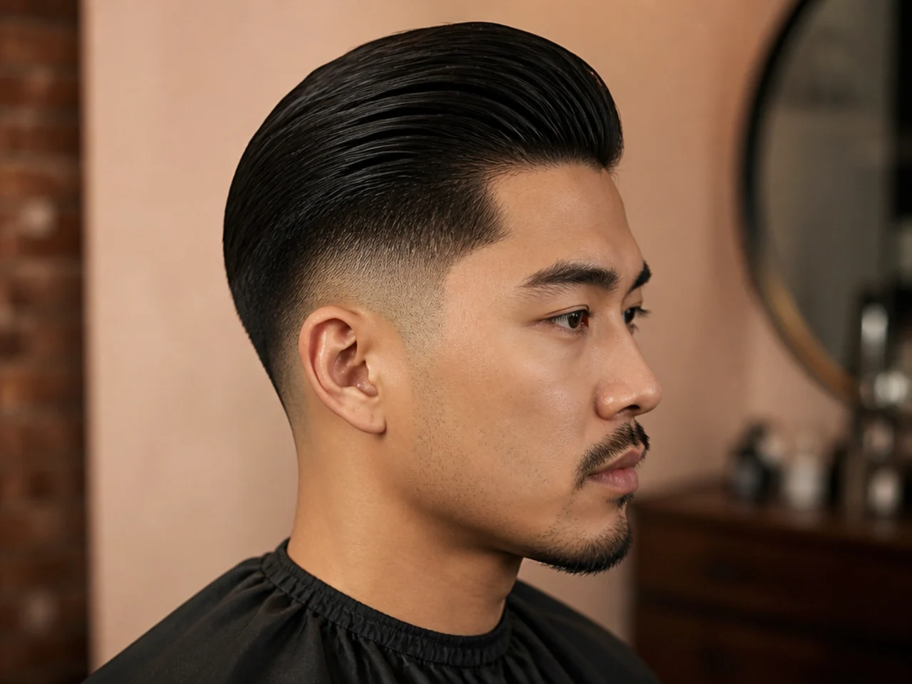 Slick back fade mens haircut with skin fade at temples and combed-back top