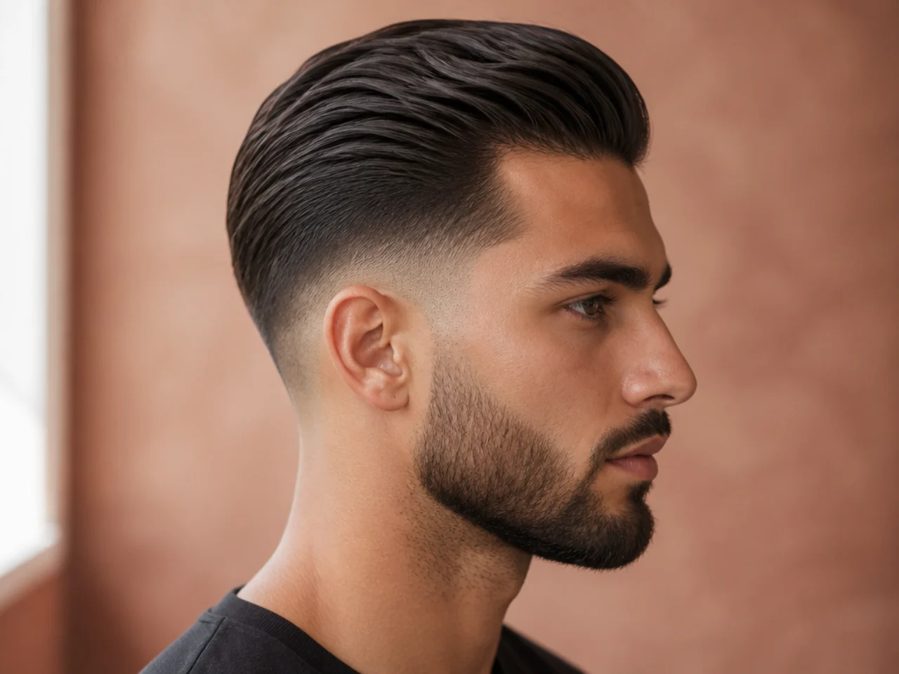 Slick back with low fade — subtle blend starting above the ears on a business-professional cut