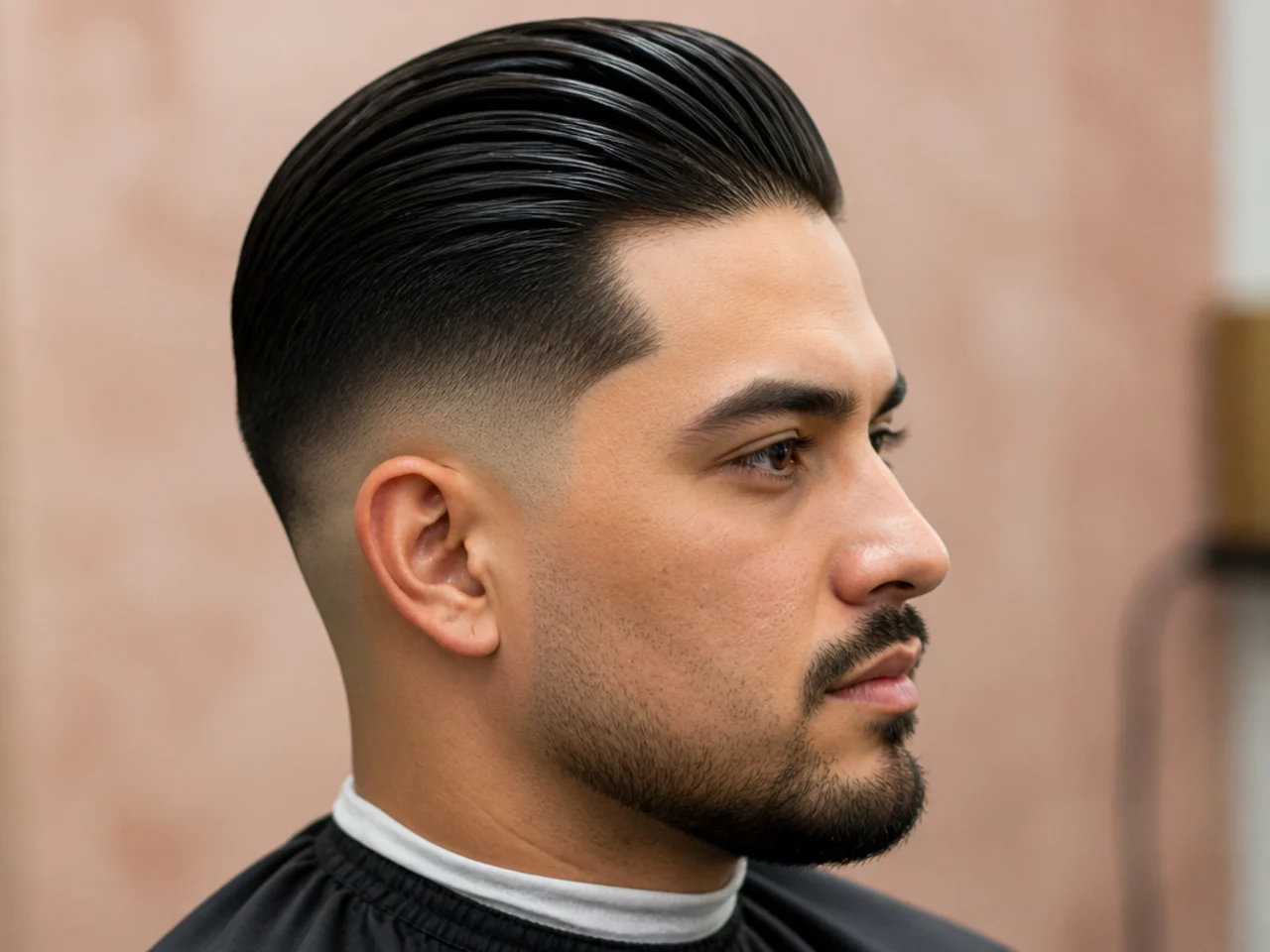 Slick back with mid fade — balanced contrast starting at the temple on straight hair