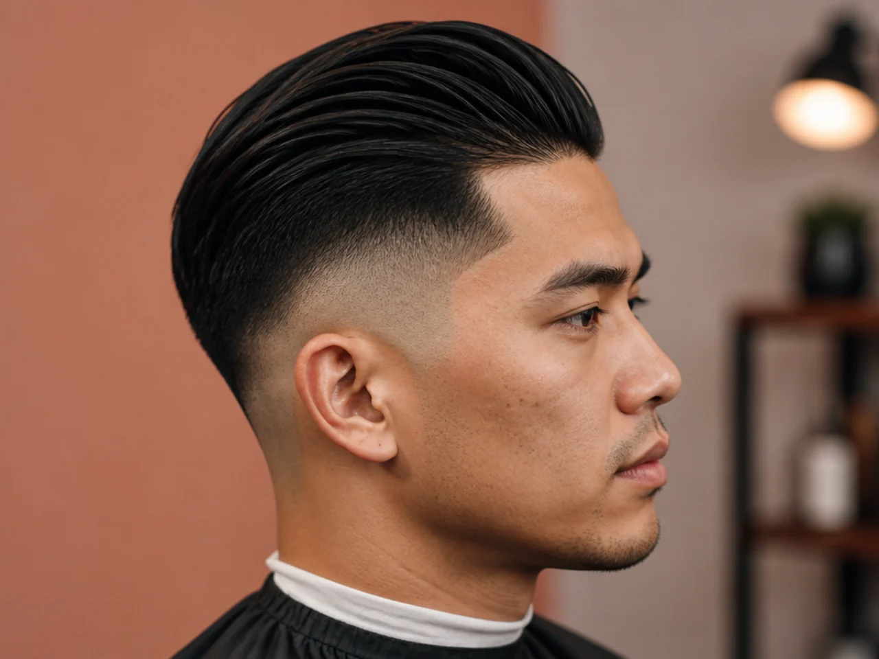 Slick back with high fade — dramatic contrast on thick straight hair