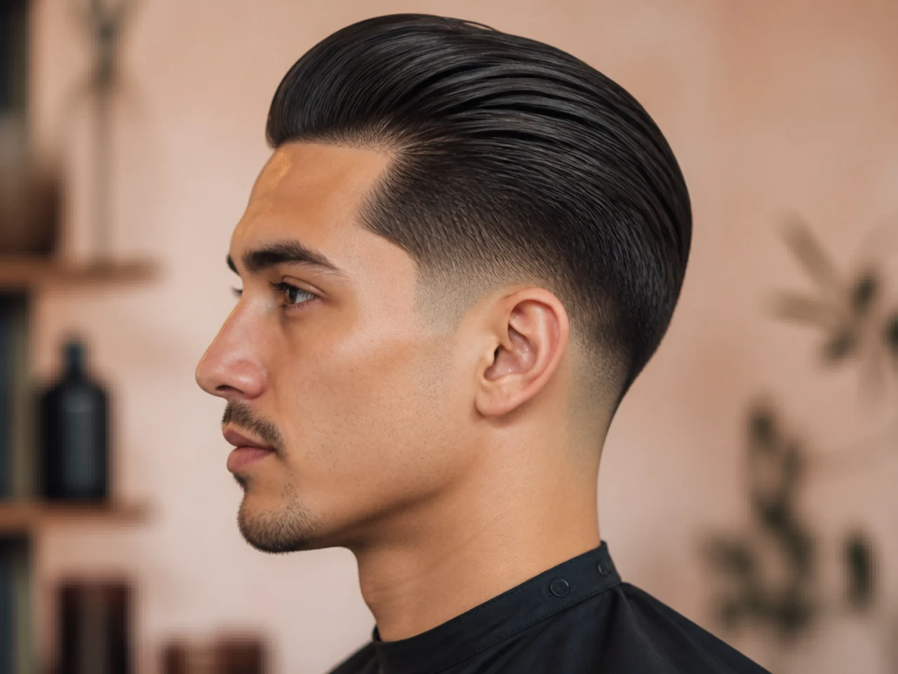 Slick back taper fade — clean neckline and sideburn with scissor-cut sides on a professional cut