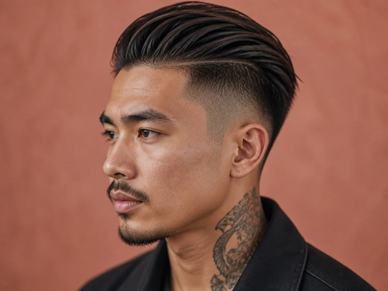 Disconnected slick back undercut with buzzed sides and a strong-hold pomade top