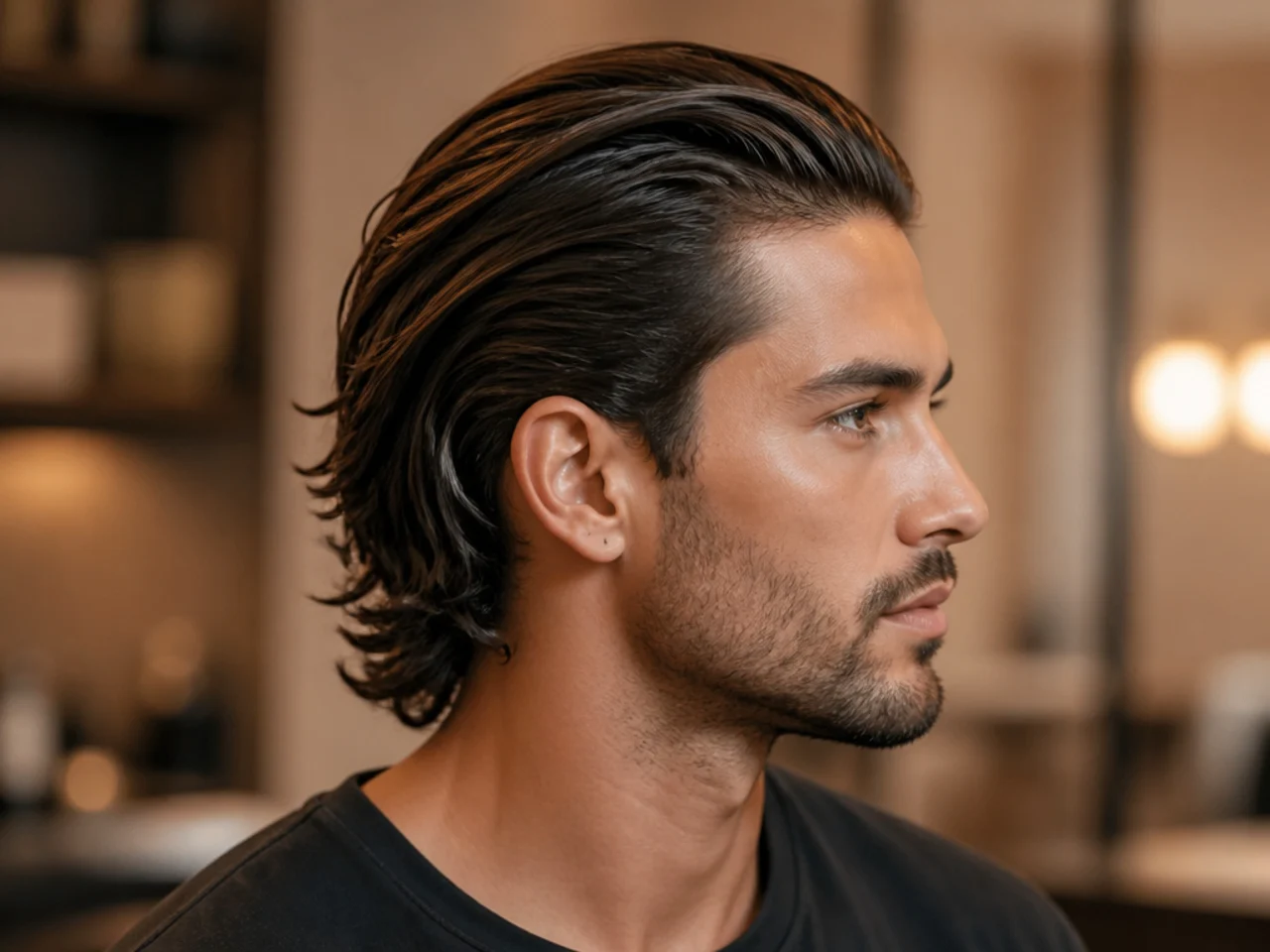 Long slick back mens haircut with six-inch top and natural flow