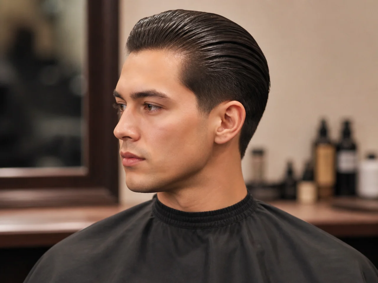 Close-up of a classic slick back mens haircut with high shine and clean lines